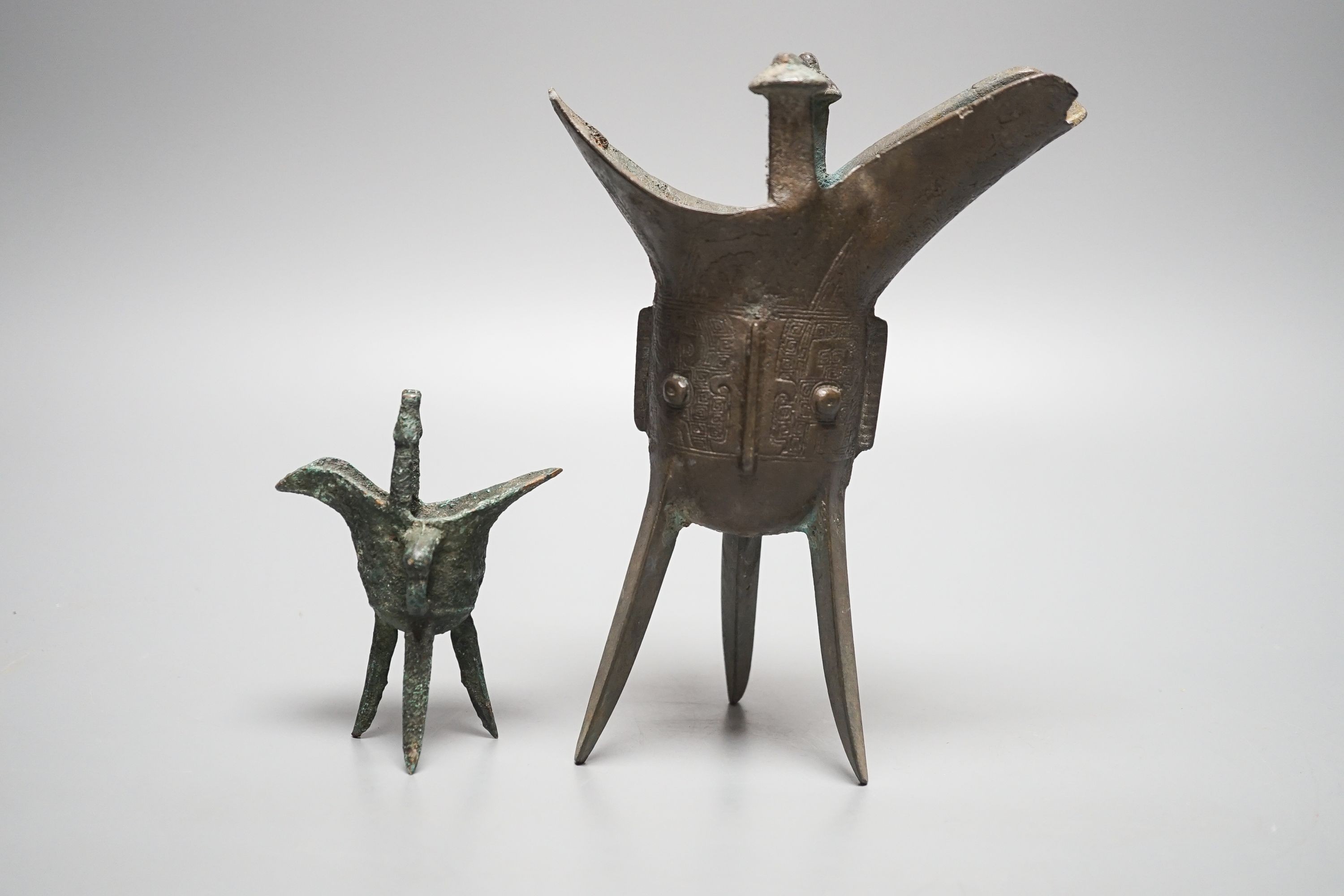 Two Chinese bronze tripod vessels, Qing or later, tallest 19cm